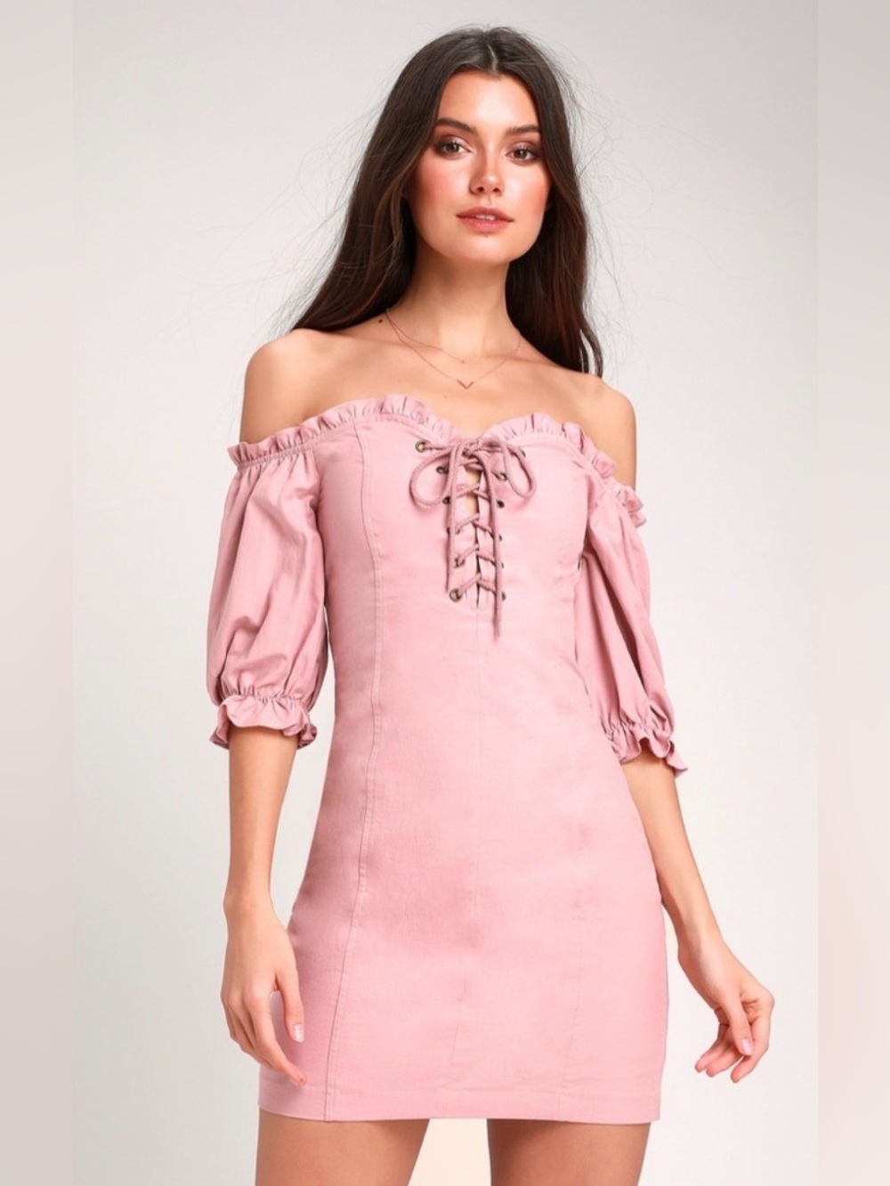 Lulus mauve Off Shoulder Lace-Up Puff Sleeve Mini Dress Romantic Cottagecore